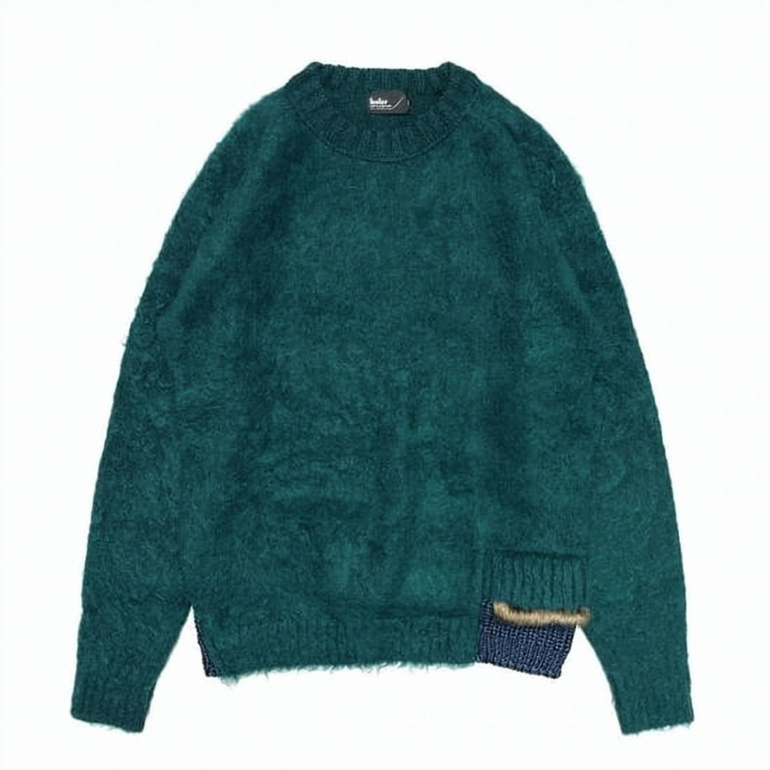 Textured Deep Green Mohair Knit Sweater with Unique Hem Detail