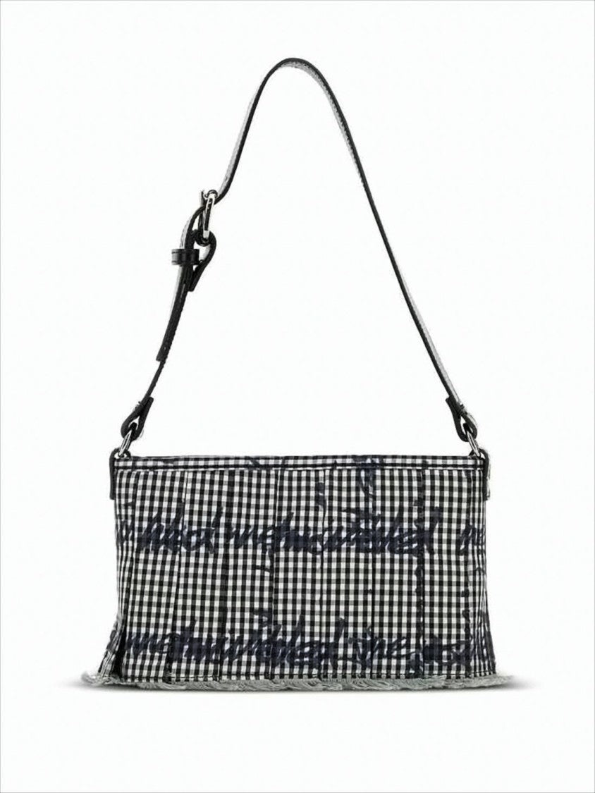 Gingham Pattern Shoulder Bag with Leather Accents