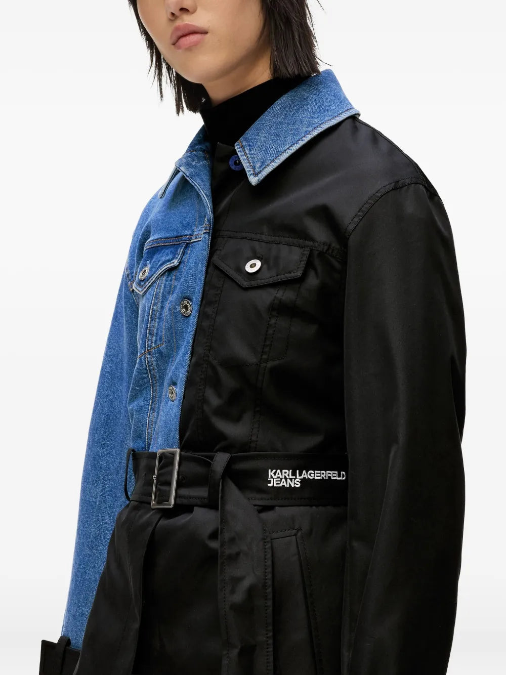 Half-and-Half Denim and Fabric Trench Coat