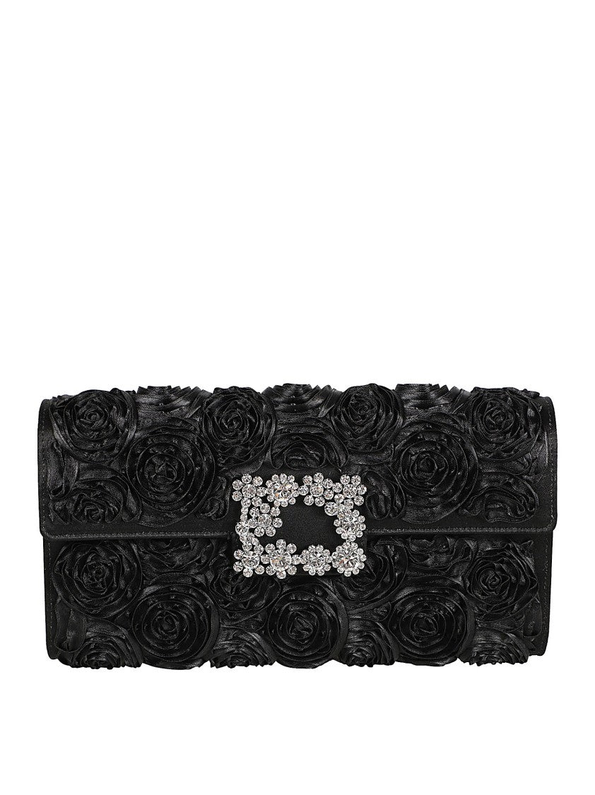 Rectangular Black Clutch Bag With Rosette Appliqués
