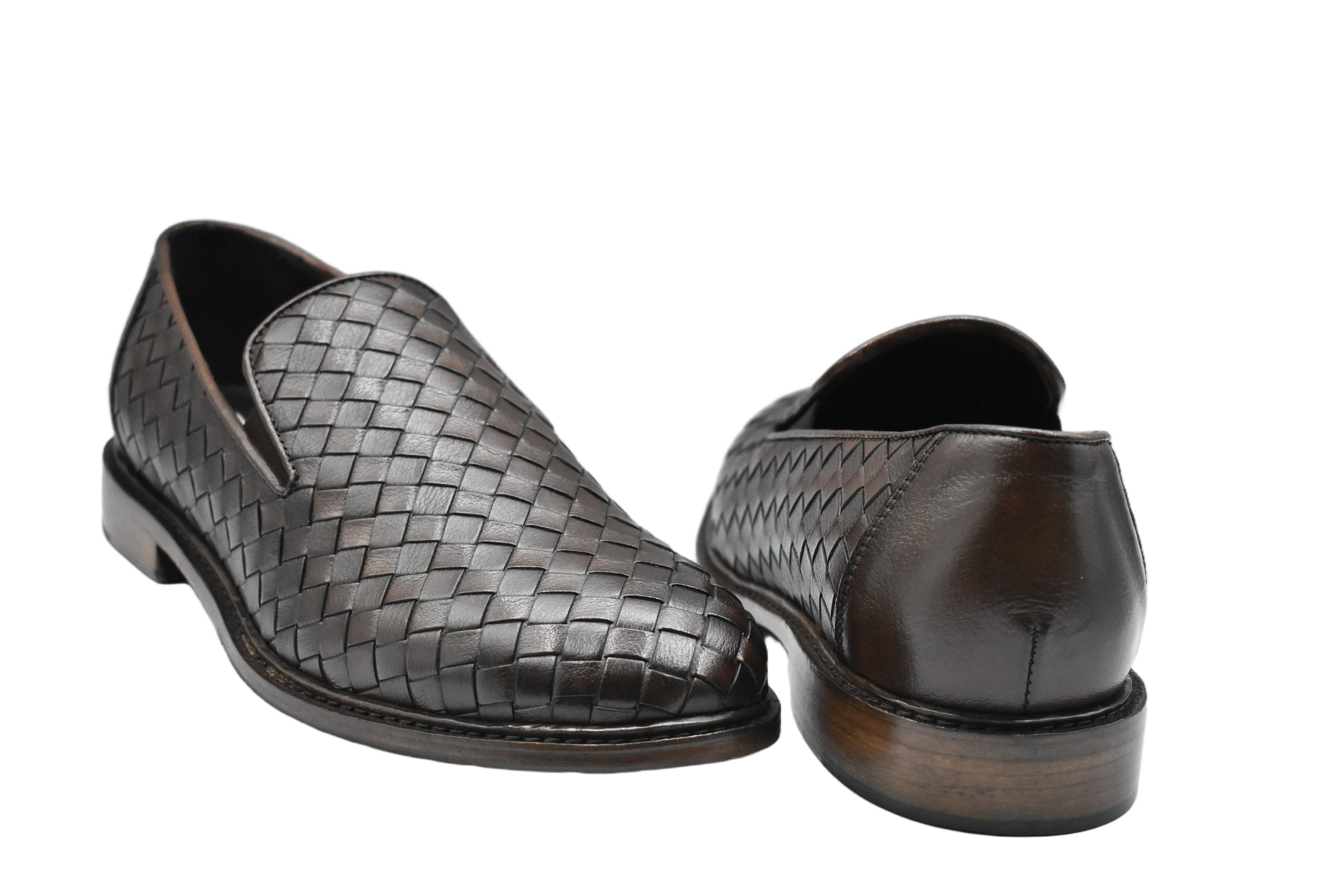 Woven Leather Brown Laced Shoes With Low Stacked Heel