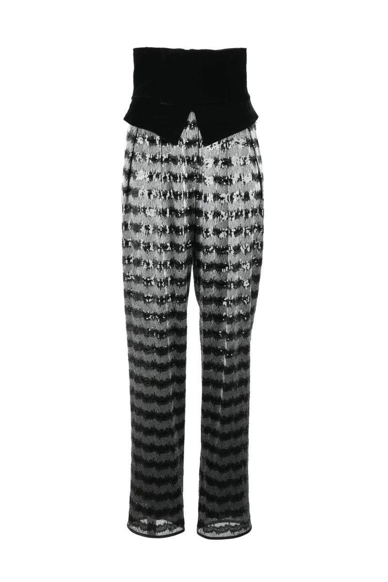 High-Waisted Sequin Trousers - Silver/Black