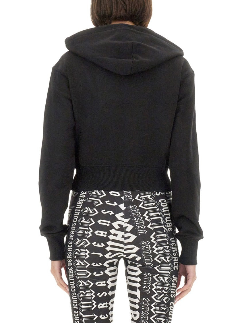 Cropped Black Sweatshirt With Hood And Logo Detail