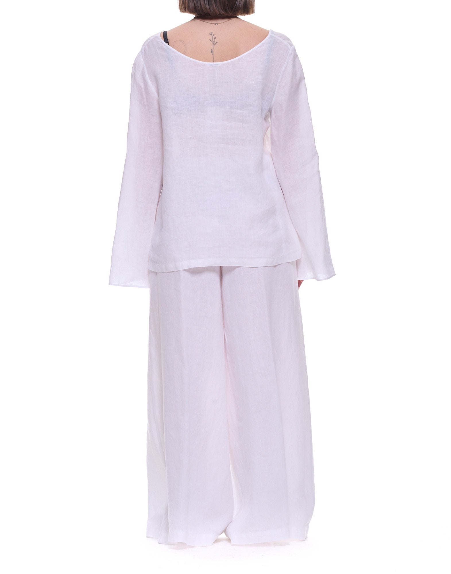 White V-Neck Linen Long-Sleeve Top