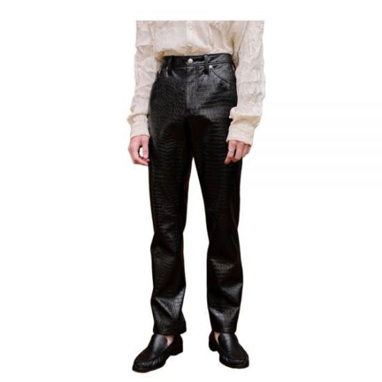 Textured Black Straight Pants with Classic Five-Pocket Design