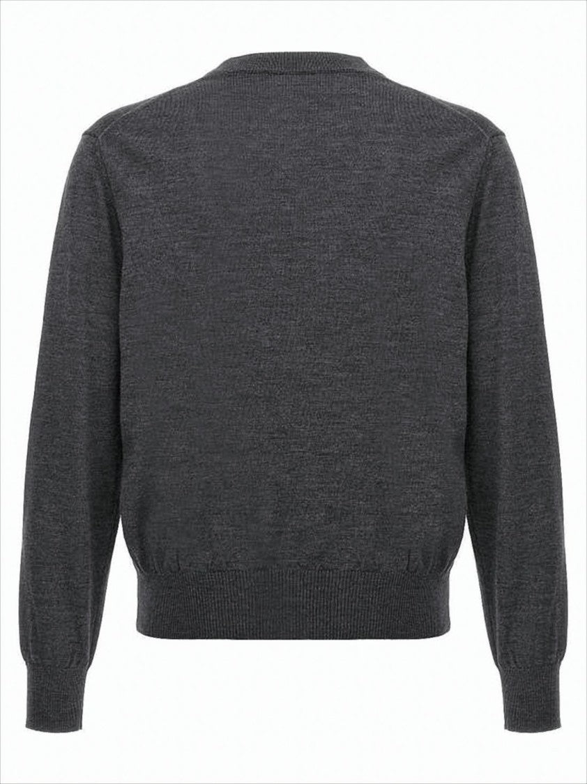 V-Neck Grey Wool Cardigan With Button-Down Front