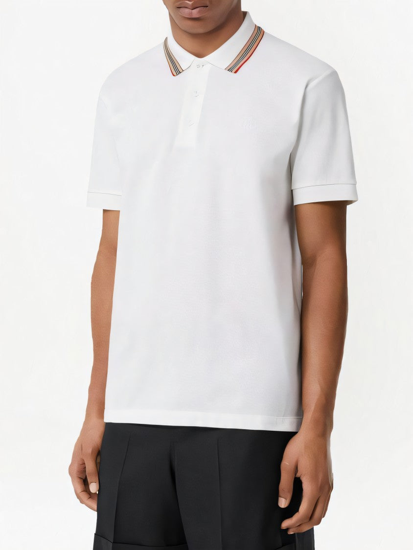 Classic White Polo Shirt with Multicolored Stripe Collar