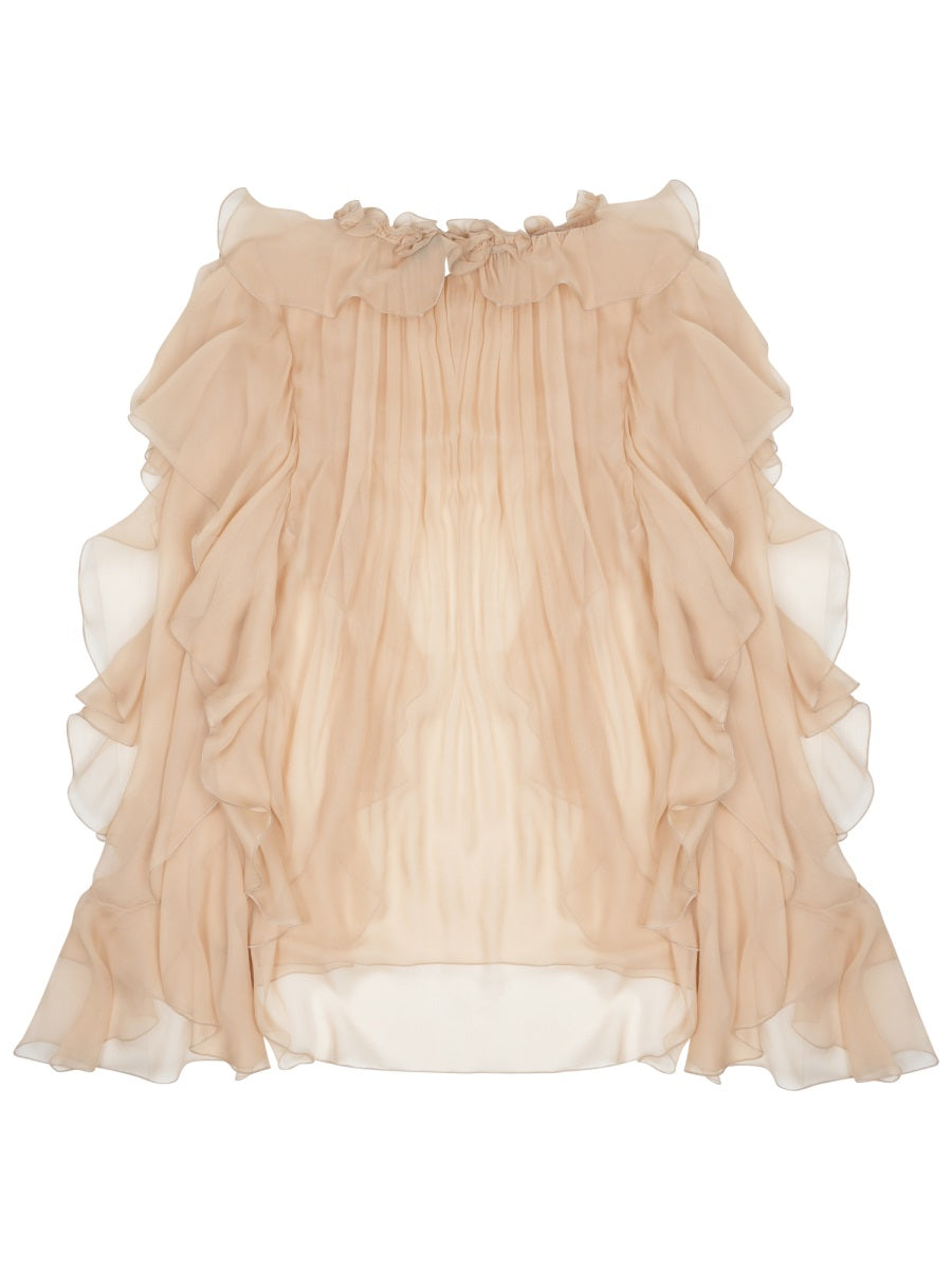 Silk Blouse With Sheer Ruffles