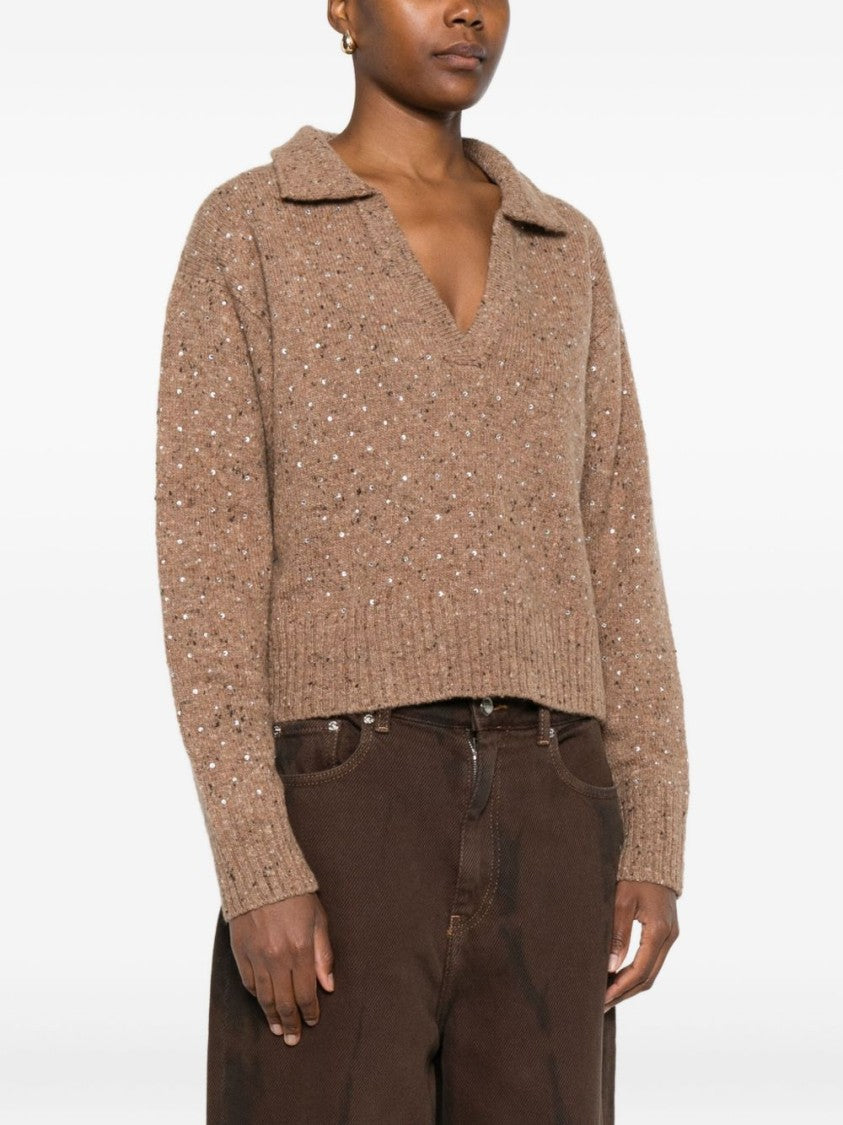 Camel Knit Top with Deep V-Neckline