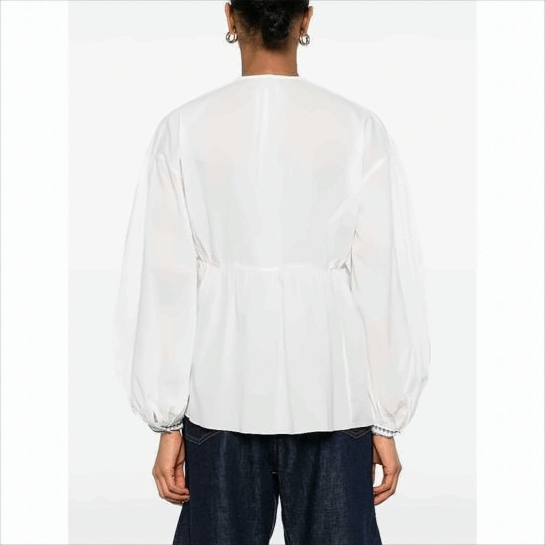 Flowing White Blouse with Blue Embroidery