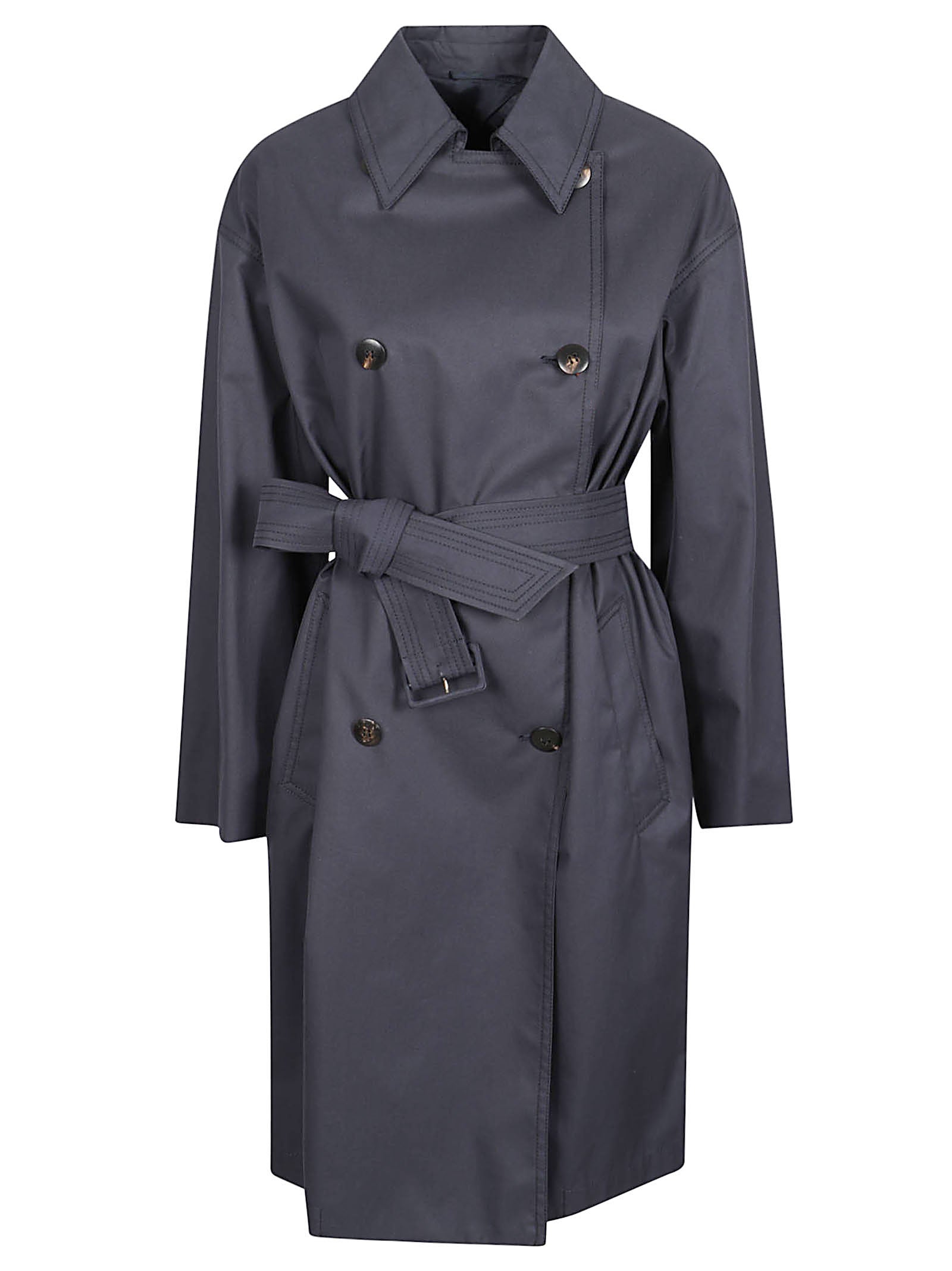 Structured Double-Breasted Coat with Wide Collar and Belted Waist