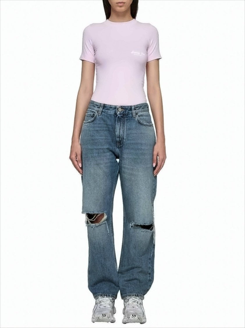 Distressed Denim Pants with Relaxed Fit and Classic Five-Pocket Design