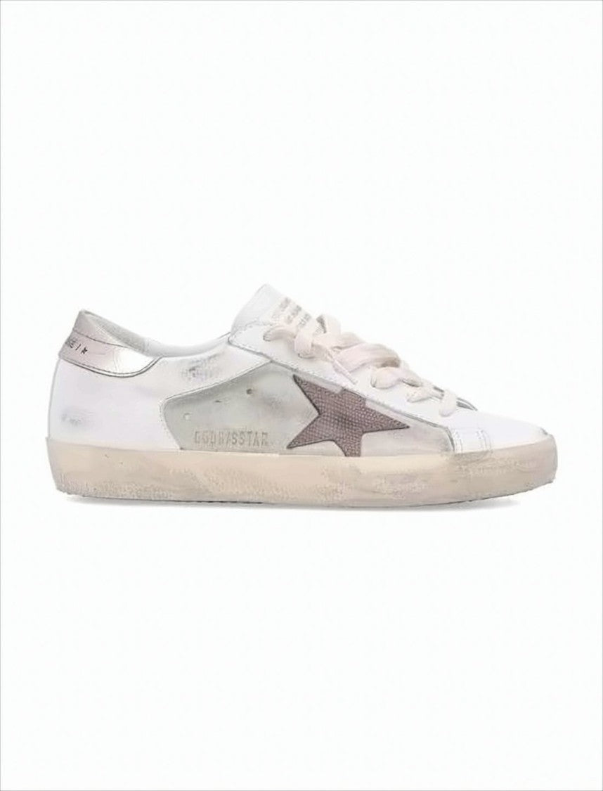 Distressed White Leather Low-Top Sneakers With Grey Suede Star
