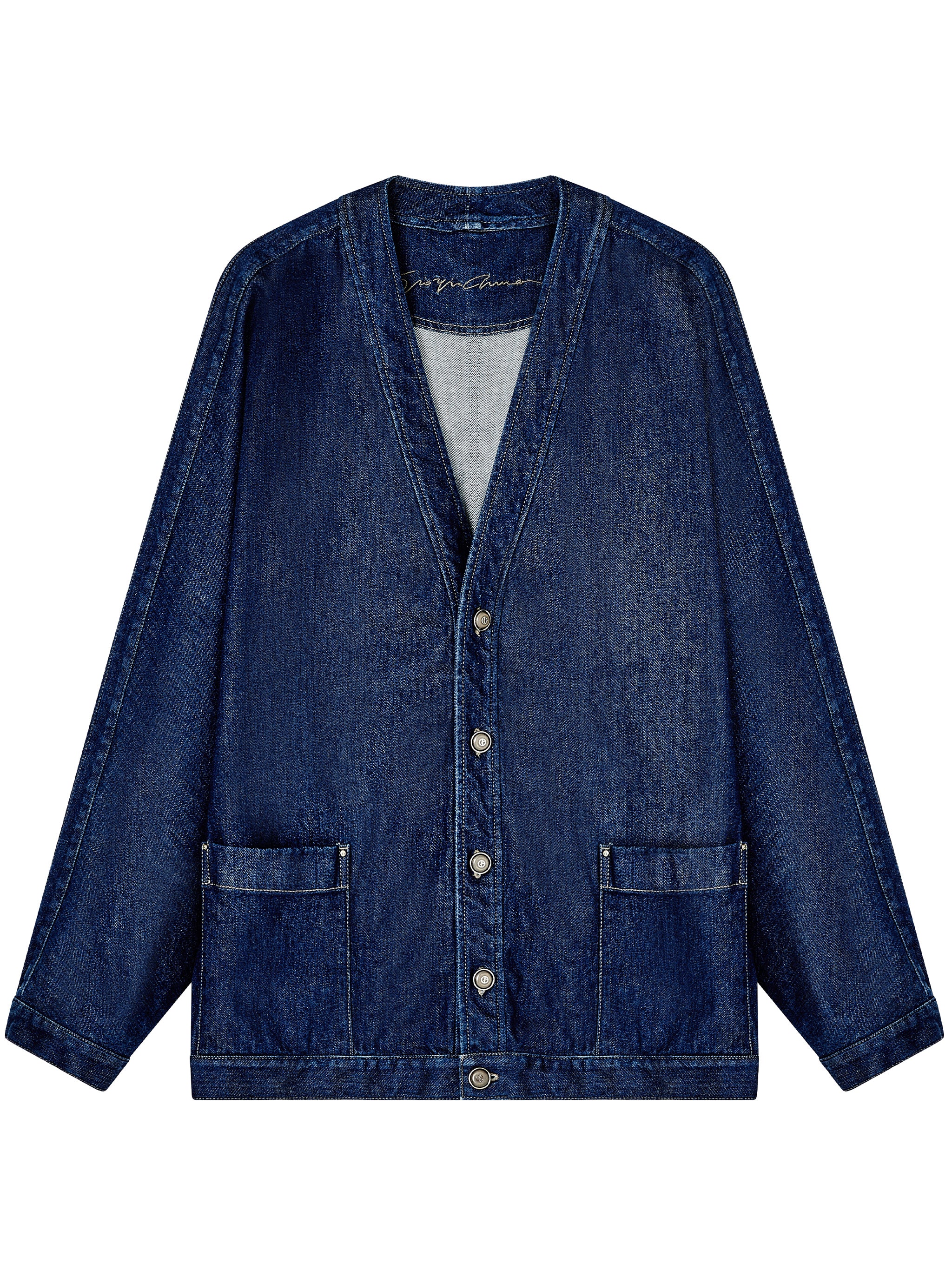 Indigo Denim V-Neck Metallic Button Jacket