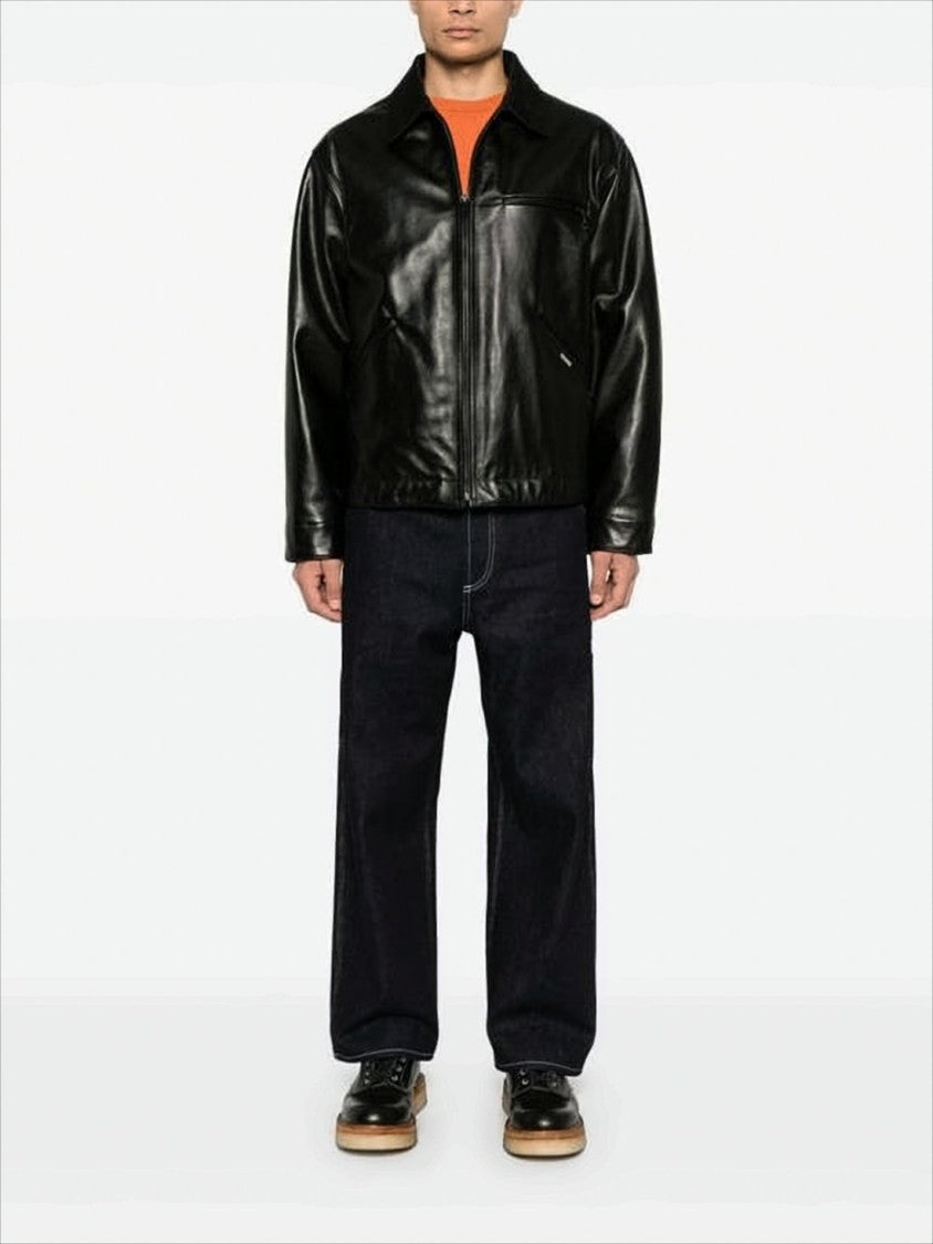 Structured Black Leather Jacket With Zippered Pockets