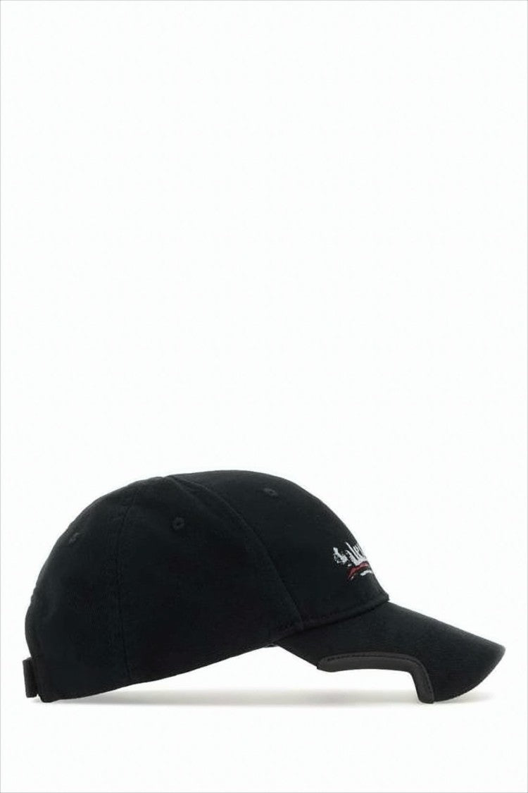 Curved Brim Black Cotton Cap with Distressed Logo