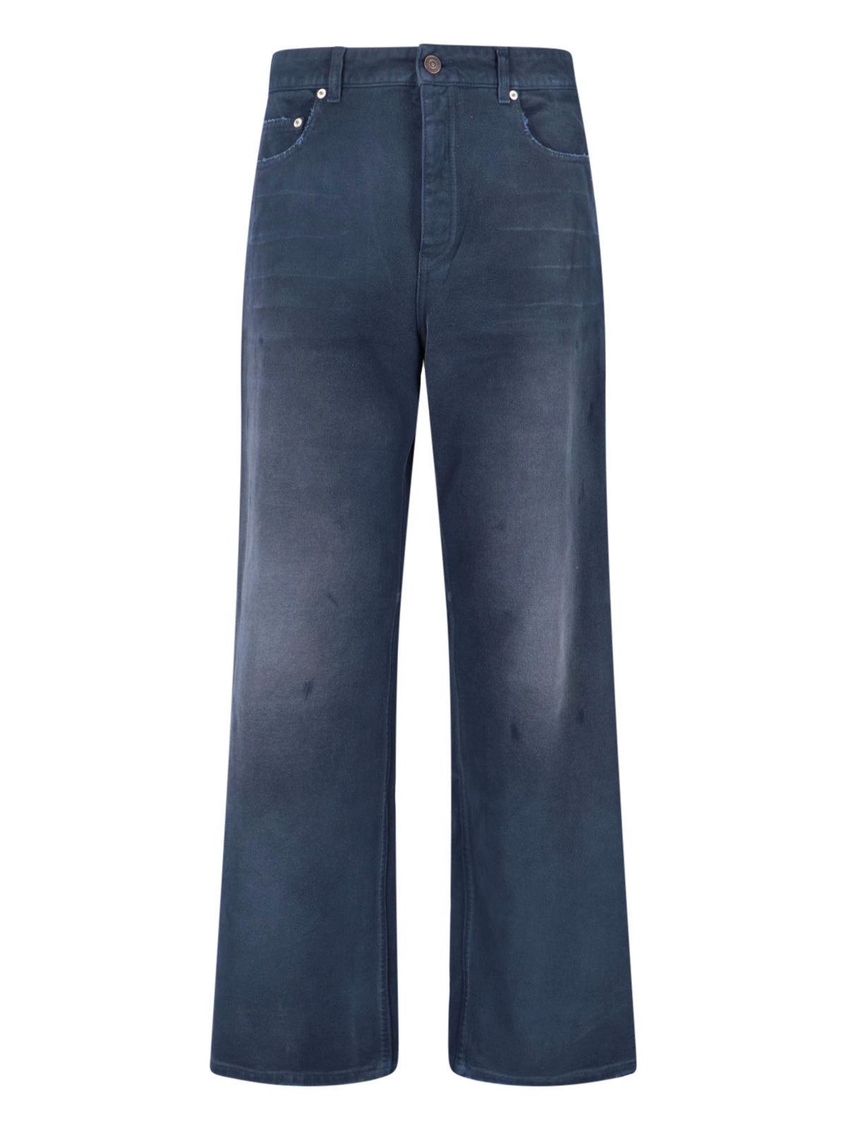 Distressed Dark Blue Denim Jeans With Logo Patch
