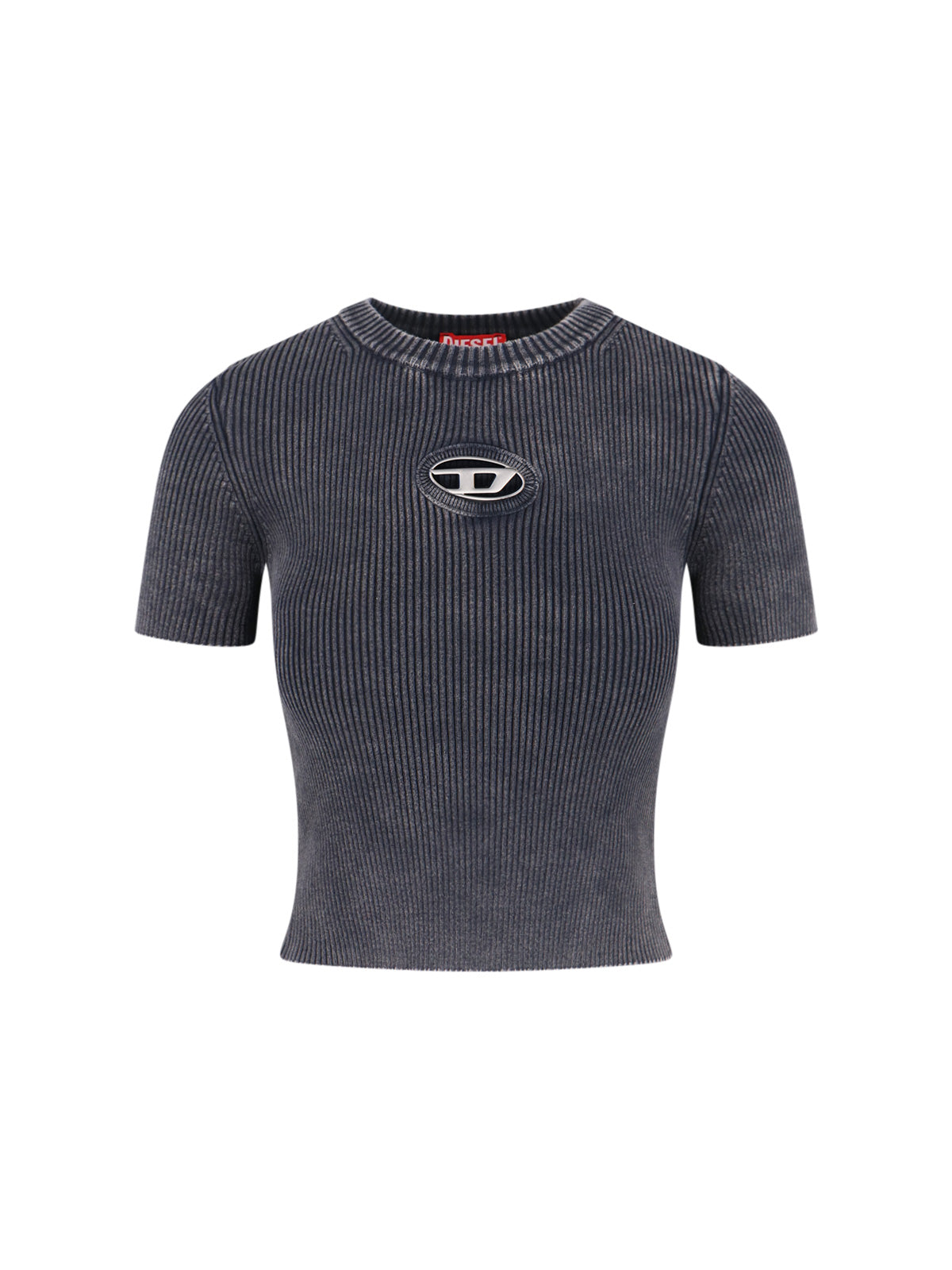 Ribbed Short-Sleeve Crop Top With Metallic Logo Detail