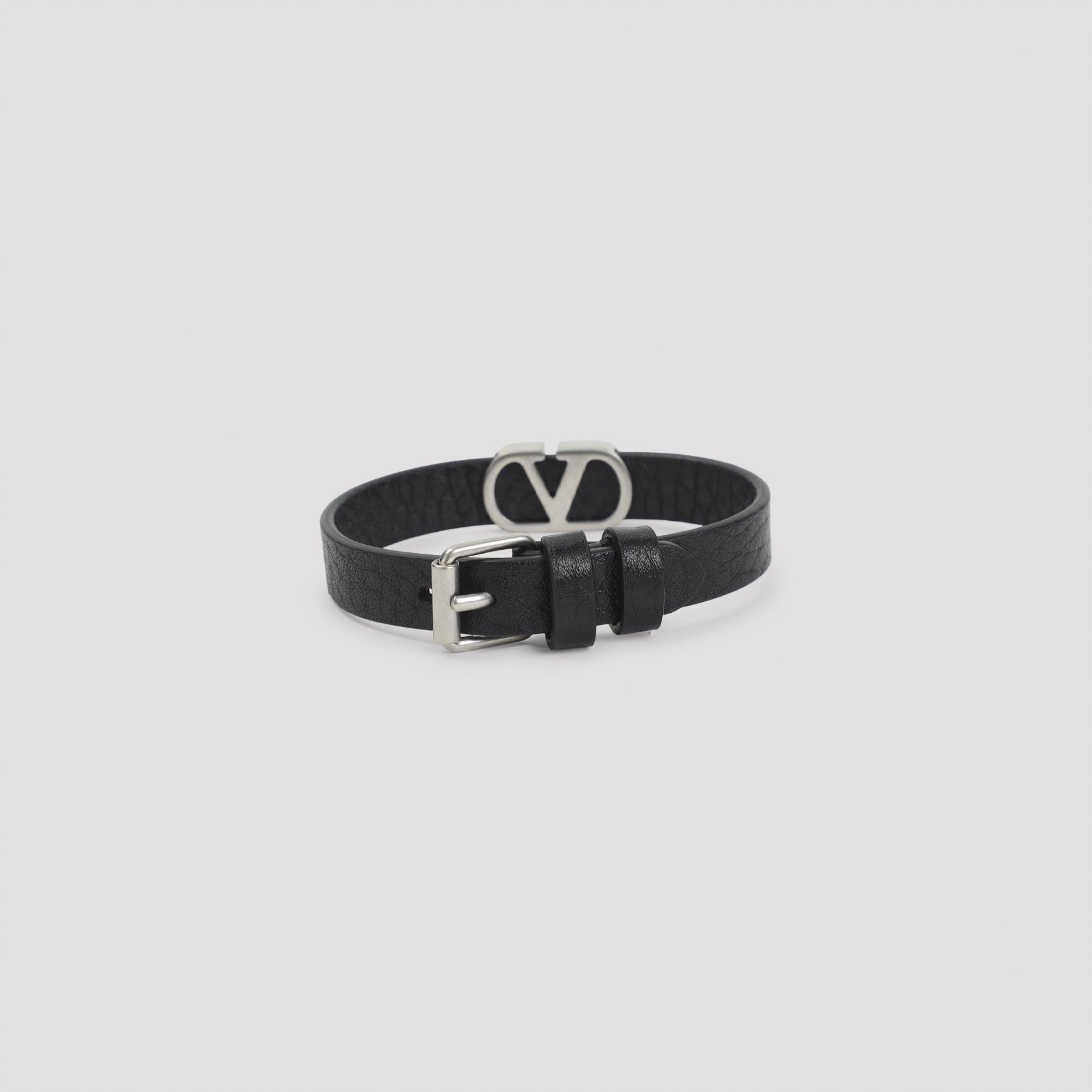 Textured Leather Bracelet with Polished Metal Buckle