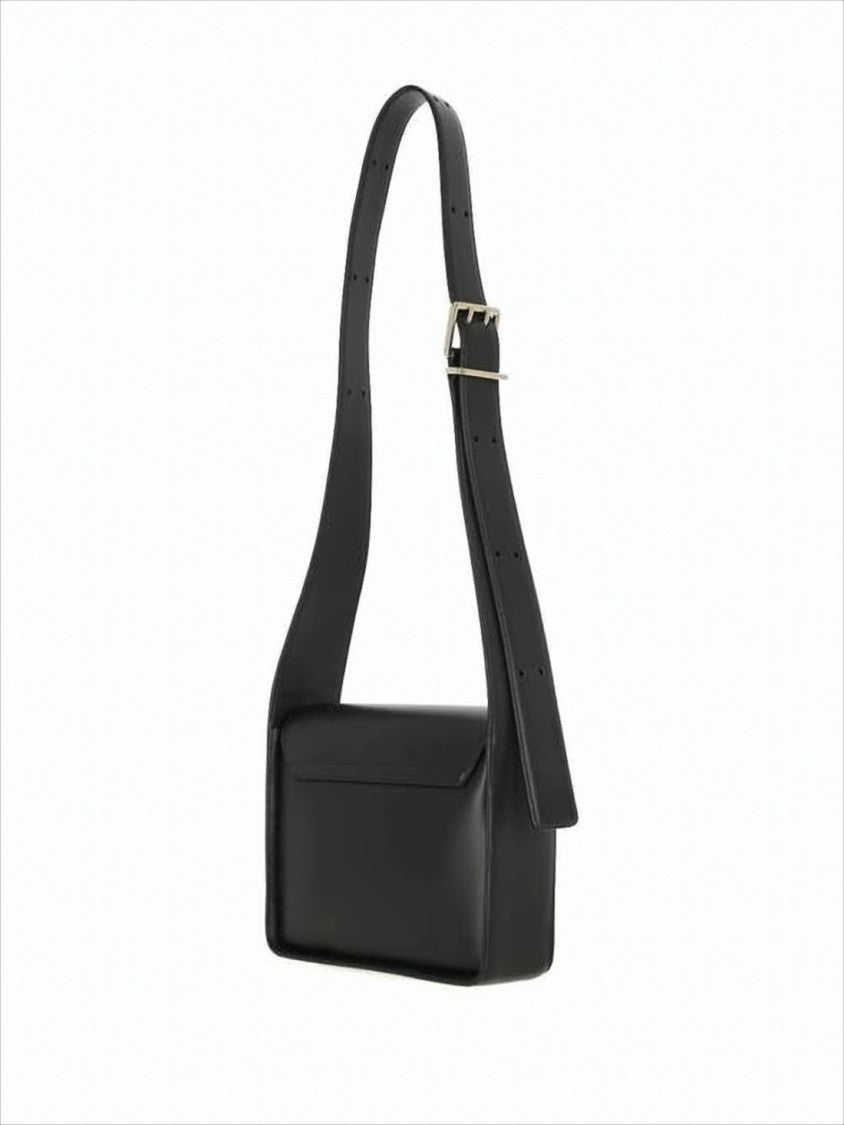Structured Black Leather Crossbody Bag with Gold-tone Accents