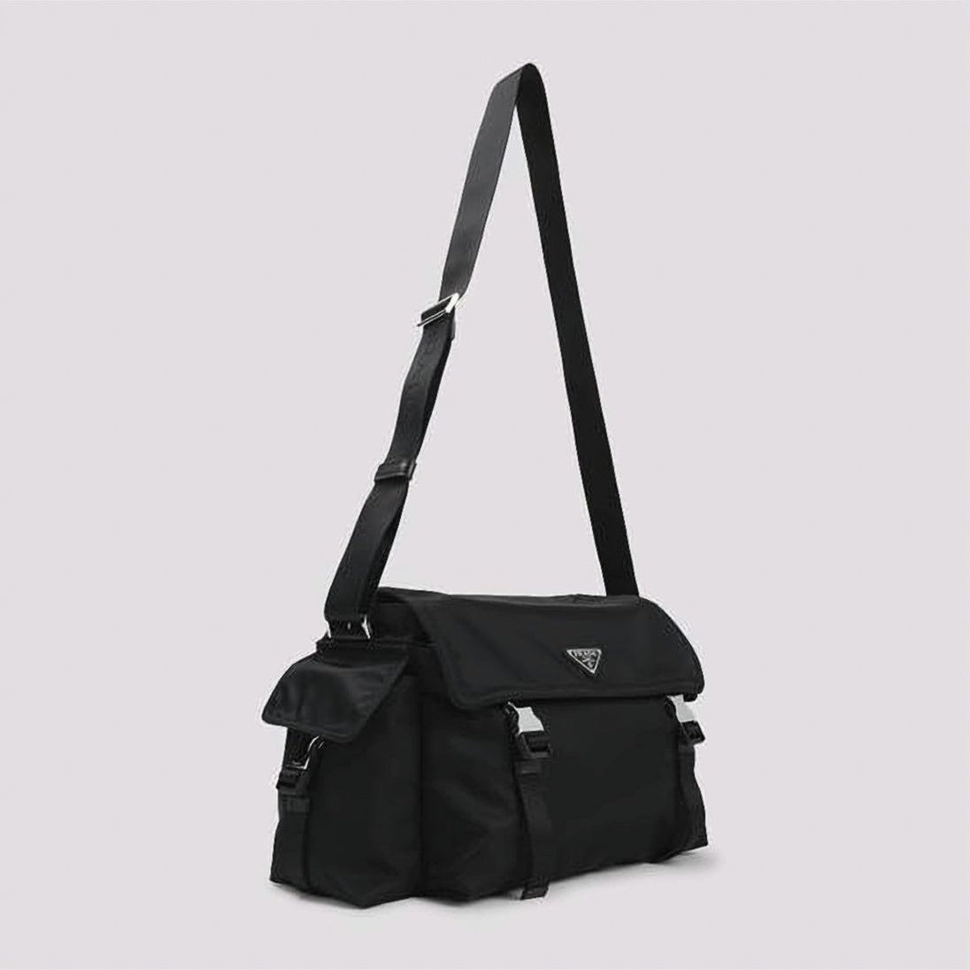 Crossbody Bag with Triangular Logo Plaque and Buckle Straps