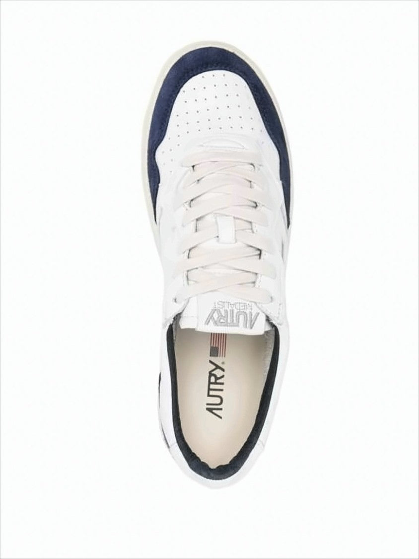 White Leather Low-Top Sneakers with Navy Suede Accents