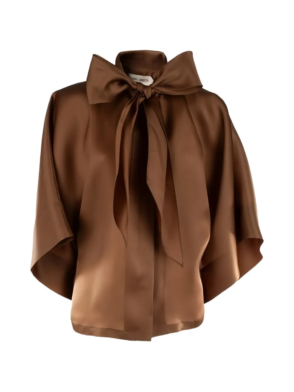 Satin Brown Blouse with Oversized Bow Tie and Boxy Silhouette