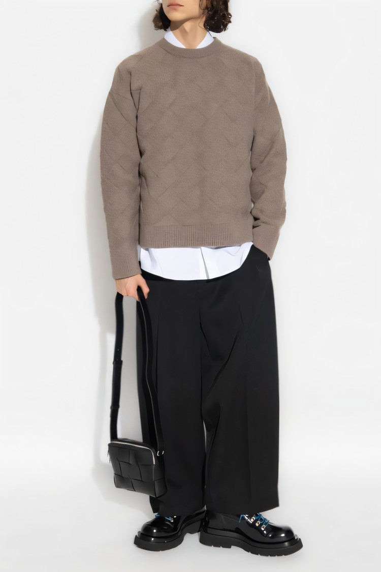 Textured Diamond Pattern Wool Blend Sweater