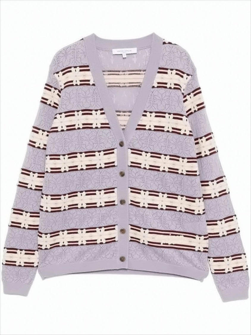 Lilac Striped Textured Knit Cardigan With V-Neckline