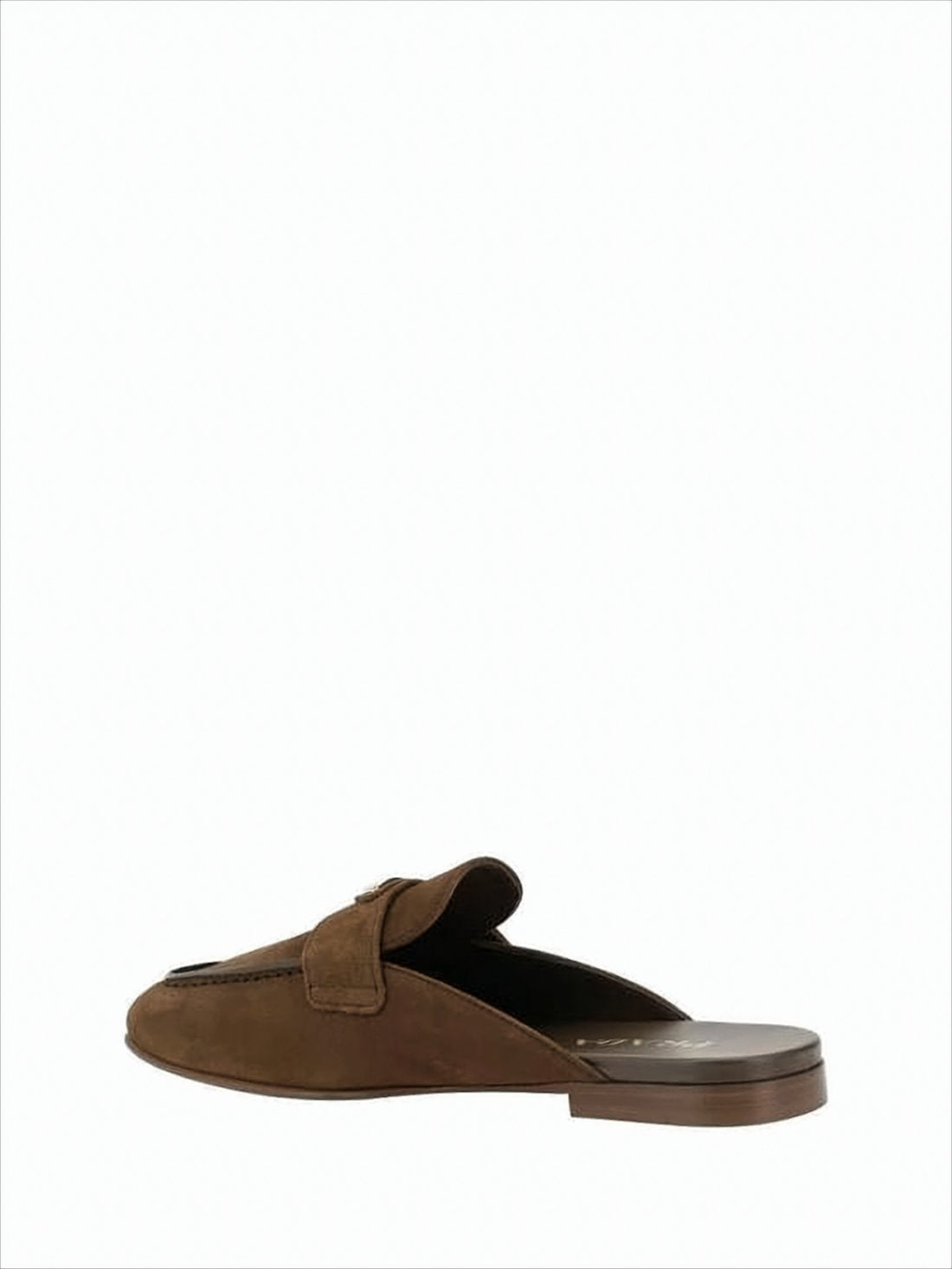 Brown Suede Slip-On Flats With Metallic Emblem