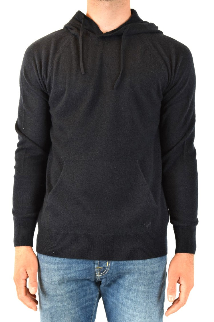 Hooded Black Knitwear With Drawstrings