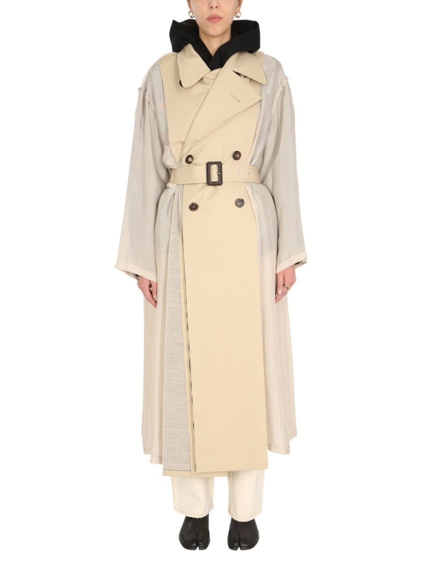 Two-Material Trench Coat With Belted Waist
