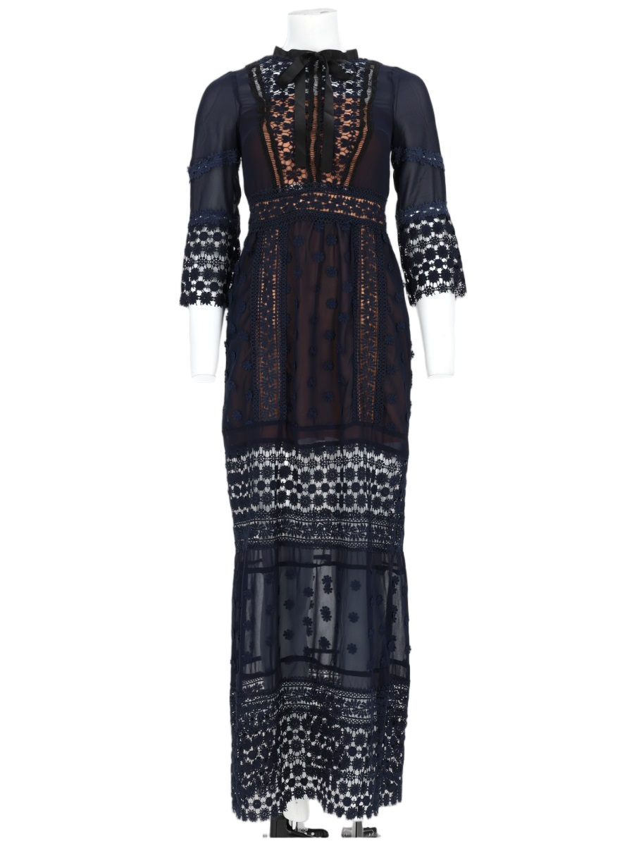 Intricate Lace Maxi Dress with Sheer Paneling
