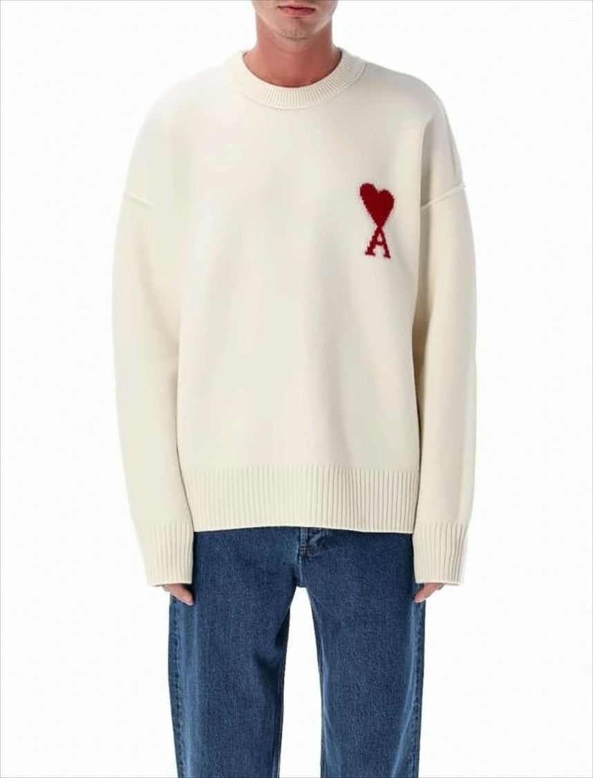 Relaxed Fit Off-White Wool Sweater With Signature Heart
