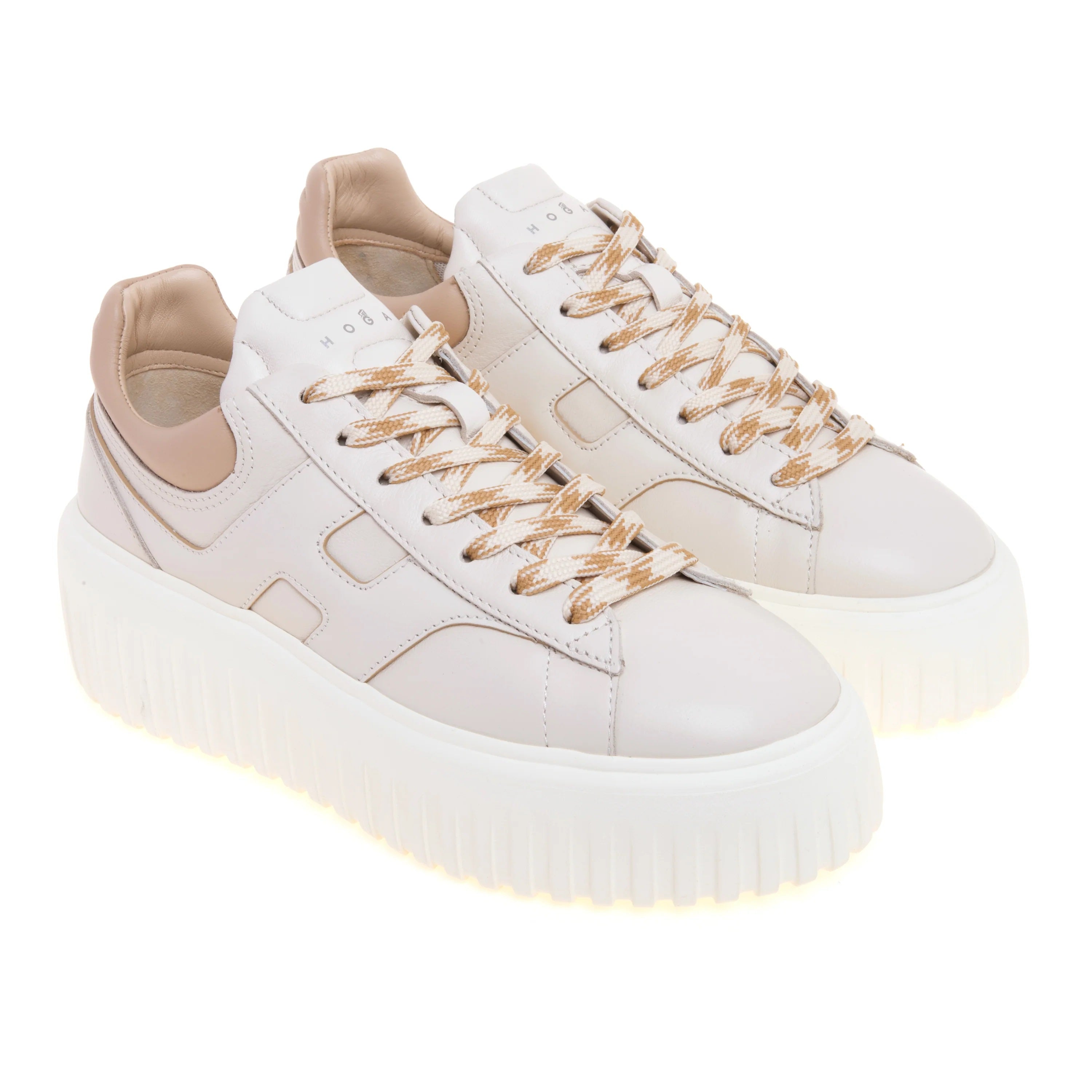 Ivory H-Stripes Leather Sneakers With Padded Collar And Embossed Logo