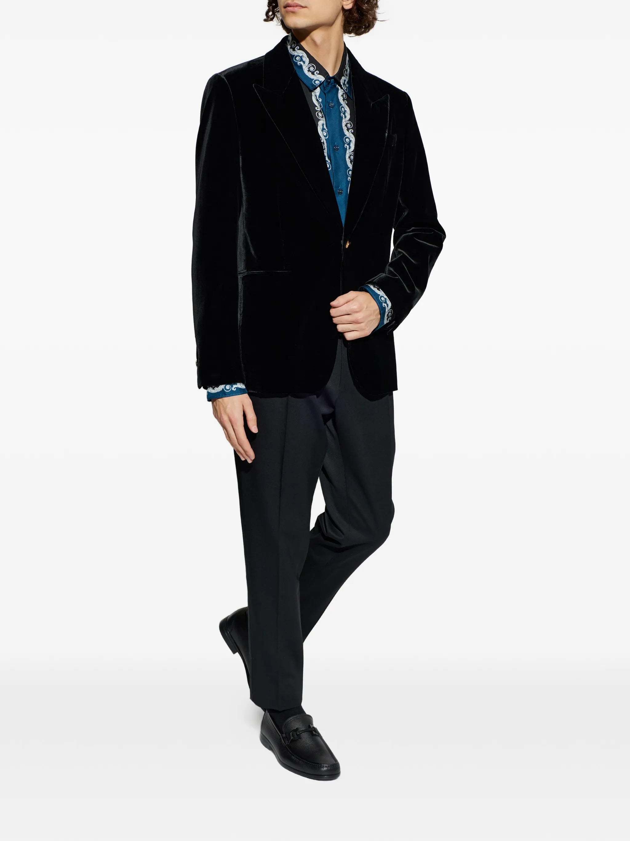 Blue Baroque-Print Silk Long-Sleeve Shirt