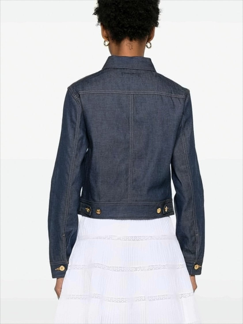 Cropped Denim Jacket With Classic Collar And Gold-Tone Details