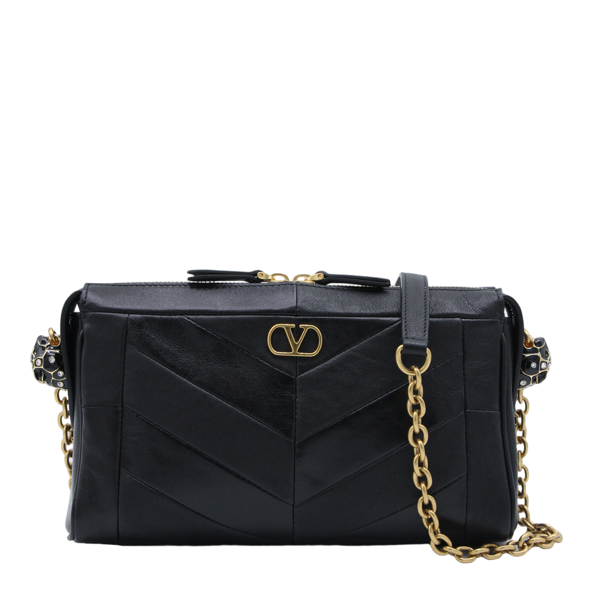 Chevron-Pattern Black Leather Bag with Gold Accents