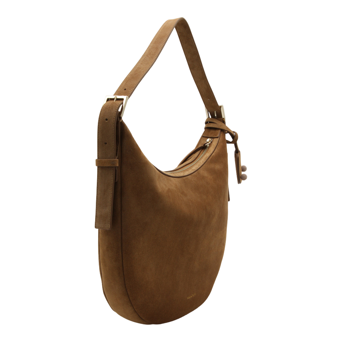 Crescent-Shaped Brown Suede Bag with Adjustable Strap
