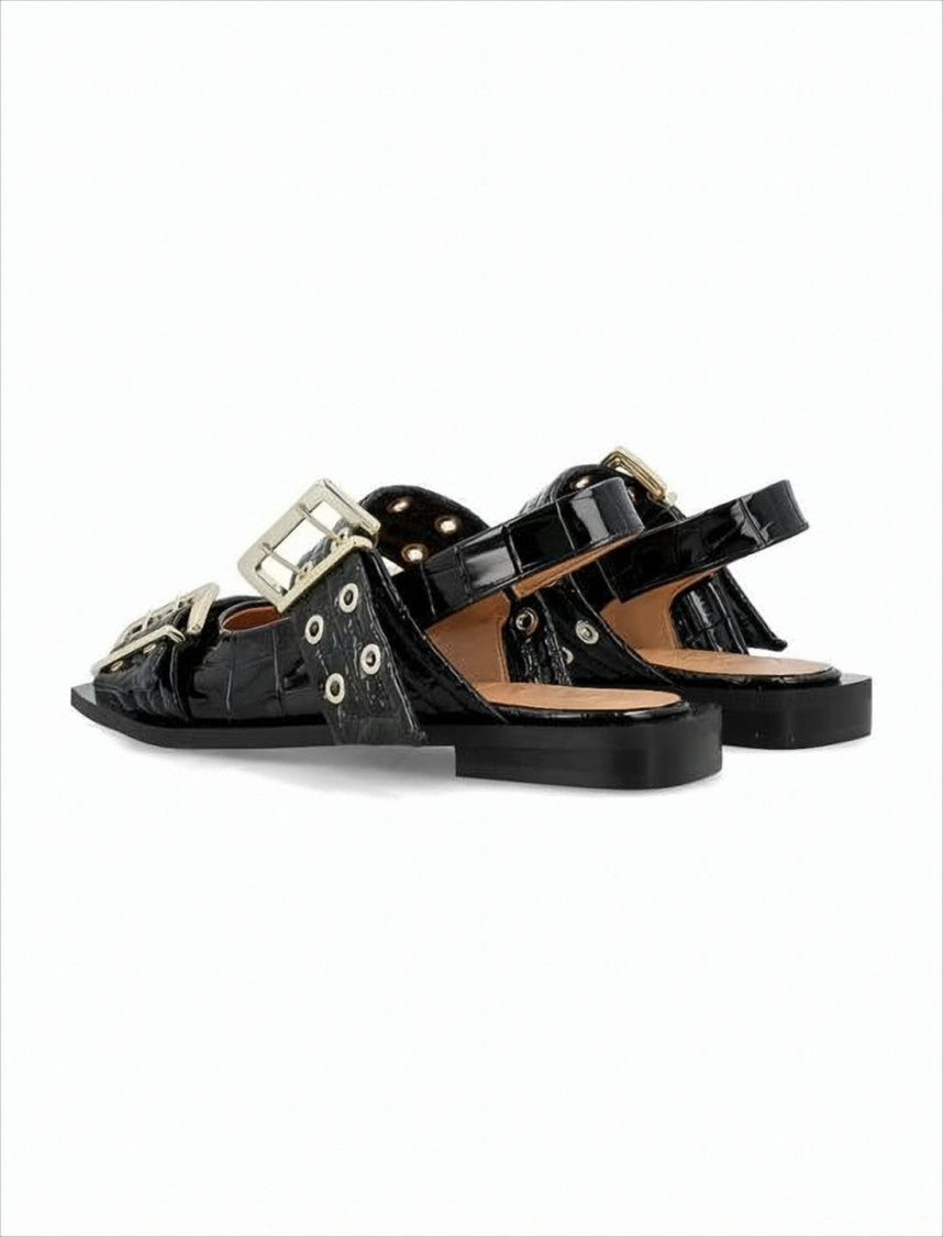 Pointed Toe Flats With Glossy Crocodile-Embossed Leather And Buckle Detail