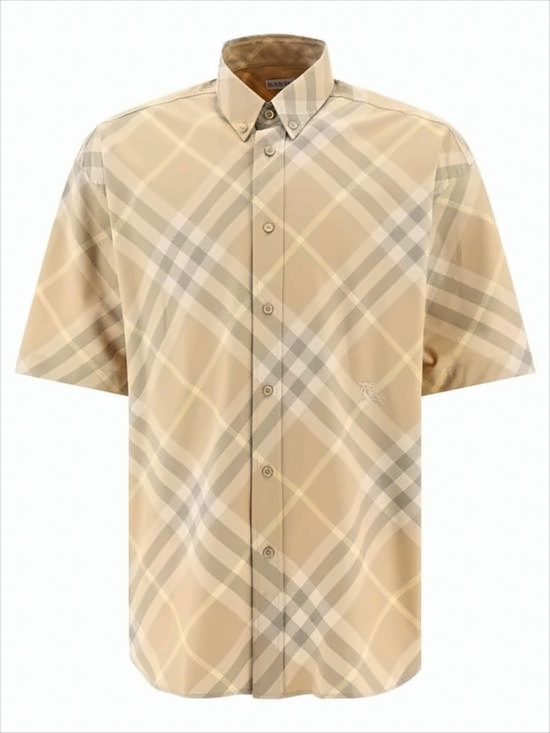 Beige Check Pattern Short-Sleeve Button-Up Shirt