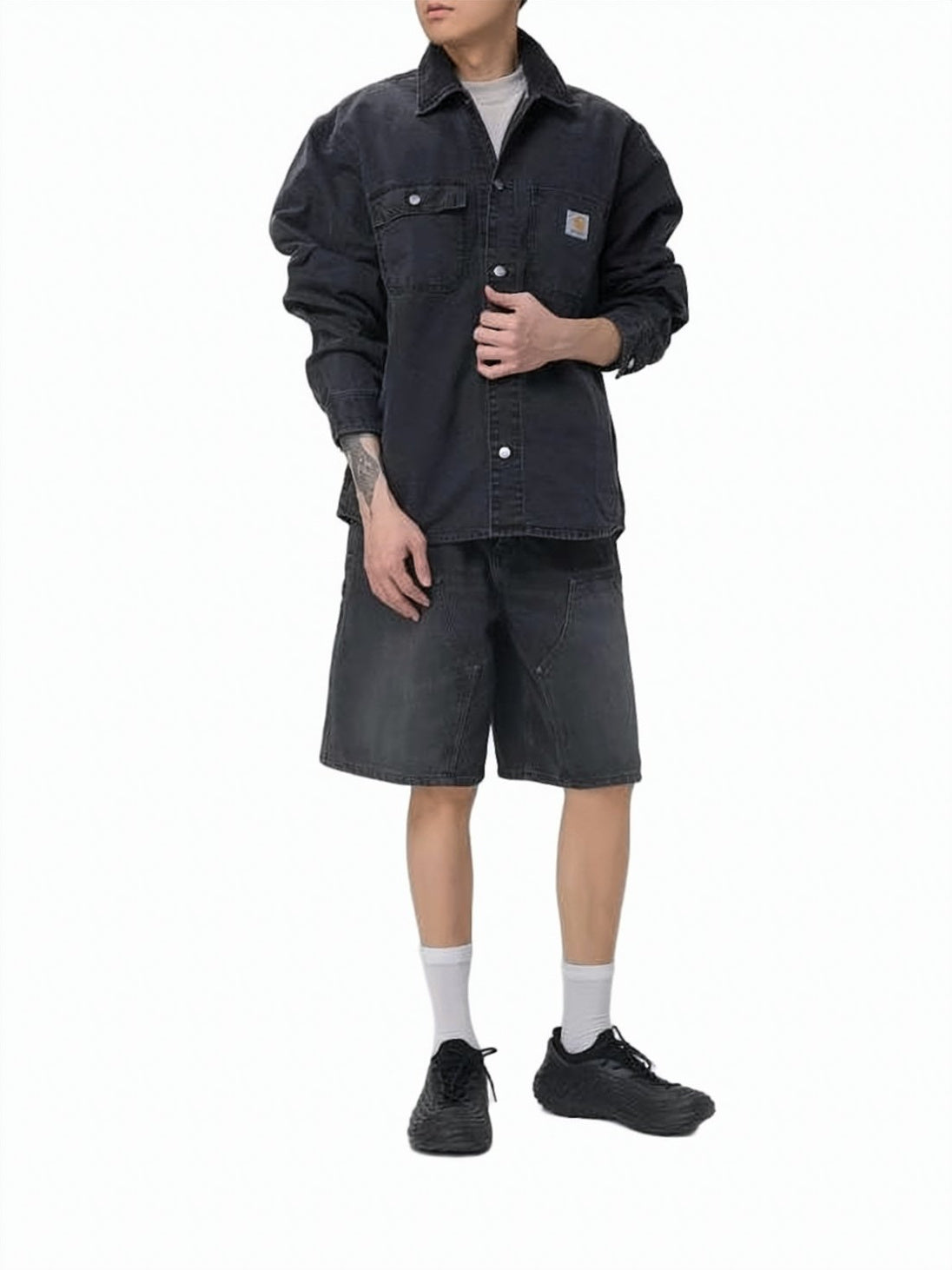 Black Denim Utility Shorts with Multi-Patch Pockets