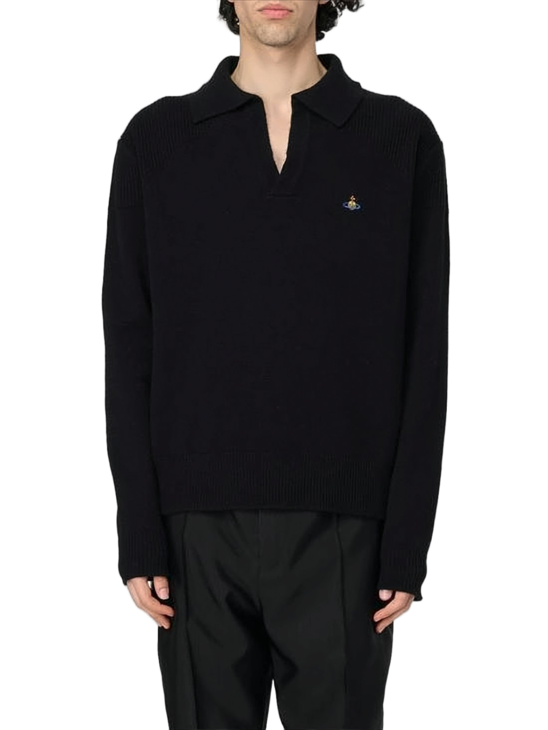 Relaxed Fit Black Knit Sweater with V-Neck