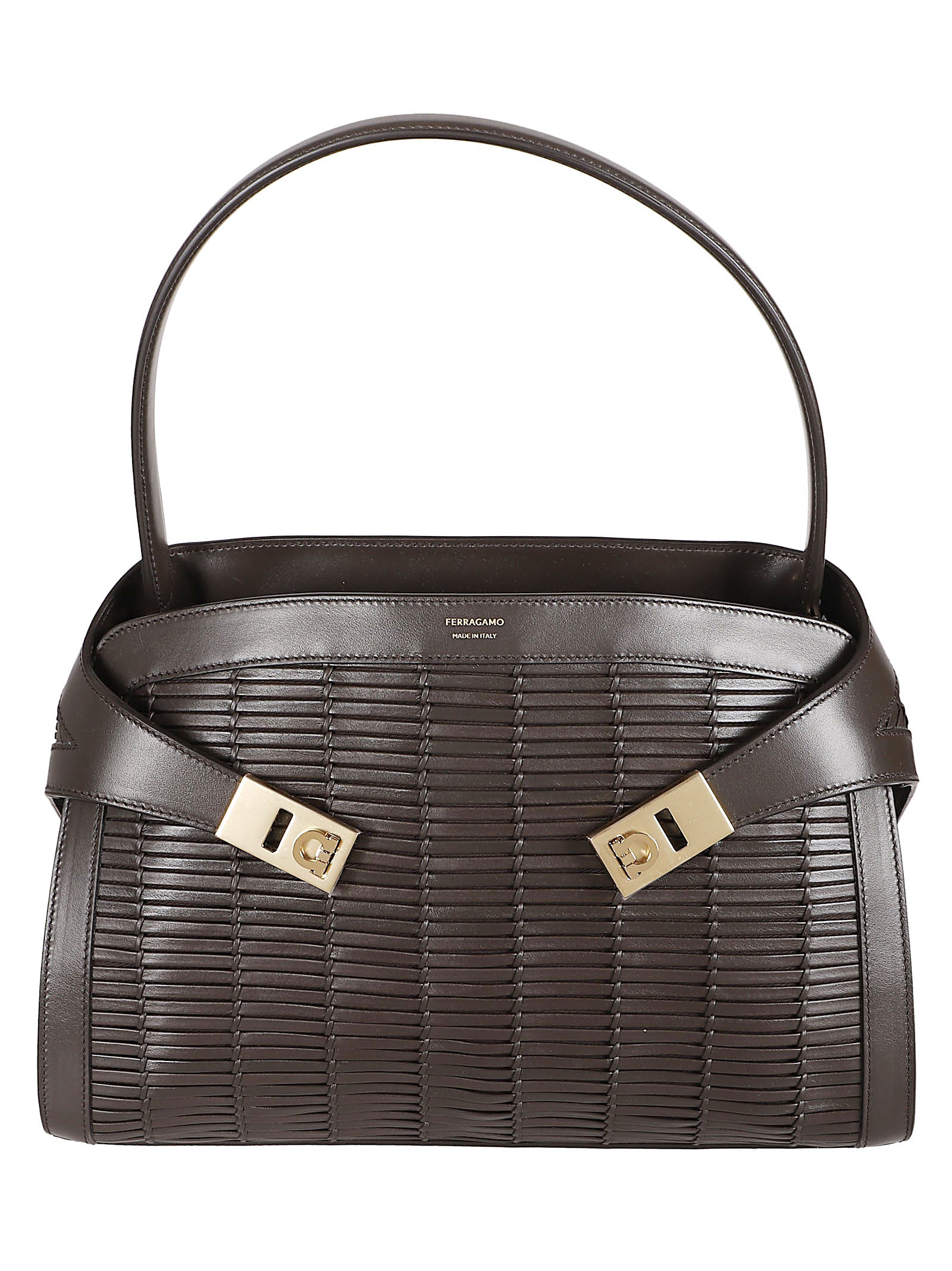 Structured Brown Handbag with Woven Leather Design and Gold Accents