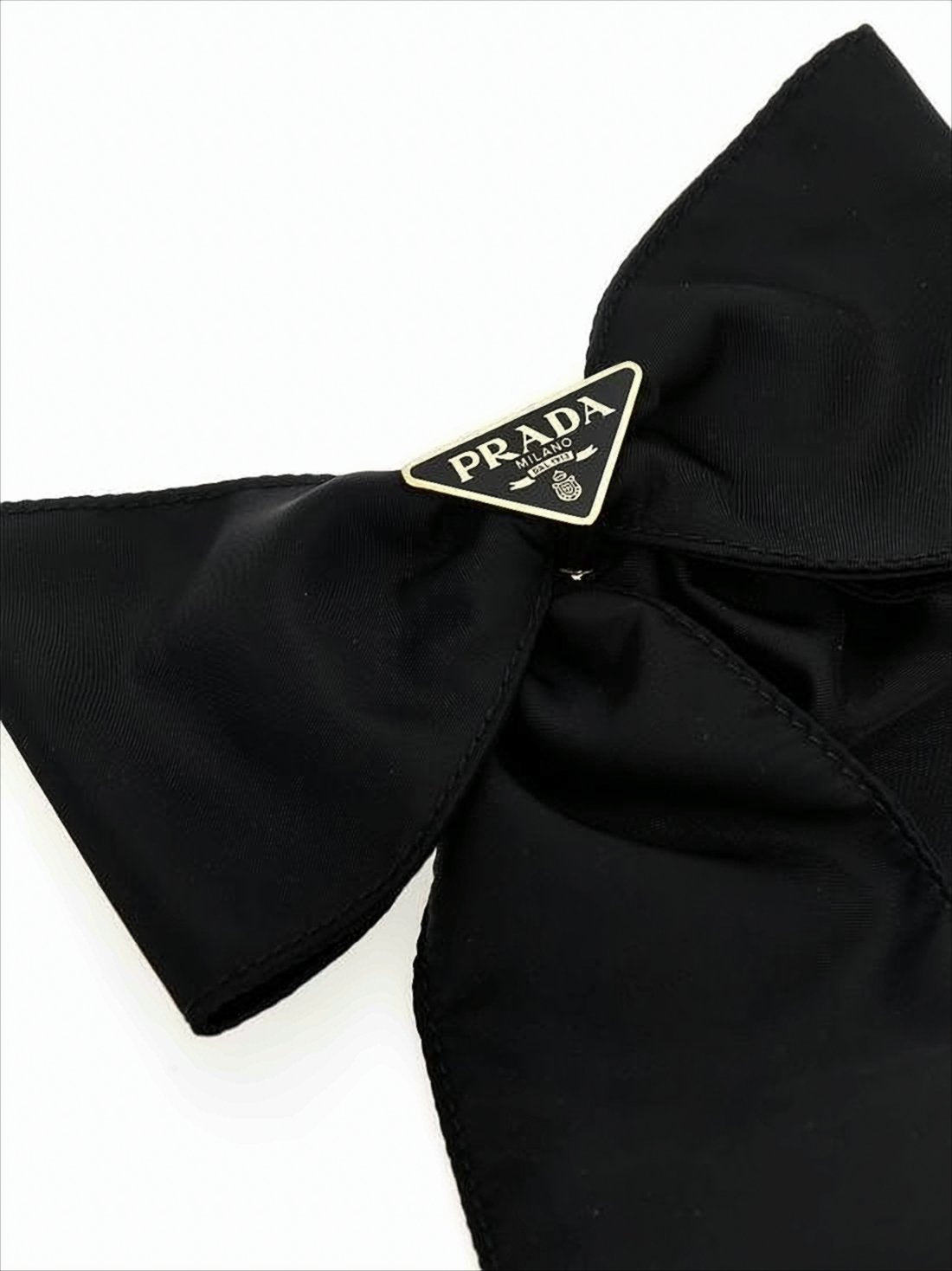Black Nylon Hair Bow with Triangular Metal Logo