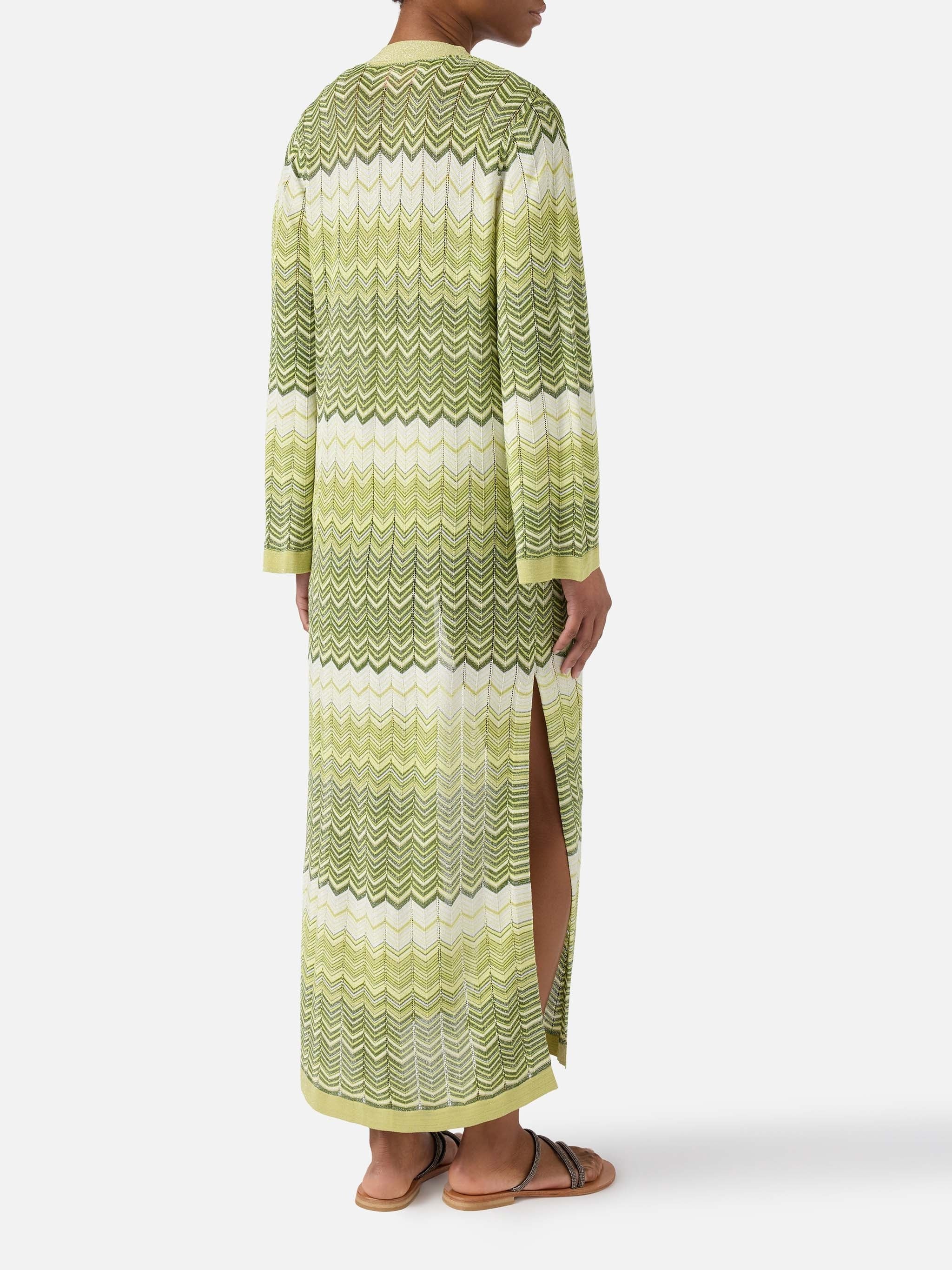 Chevron Knit Long Cardigan with Three-Quarter Sleeves
