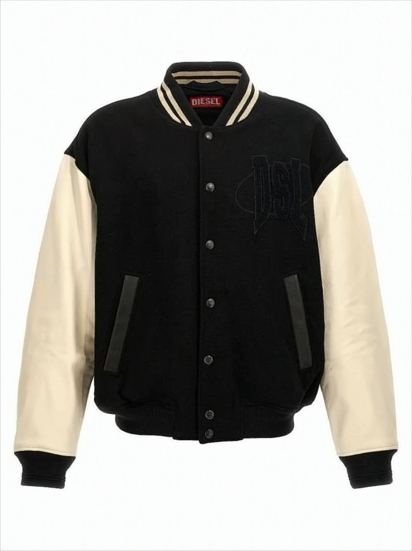 Varsity-Style Black Wool Bomber Jacket