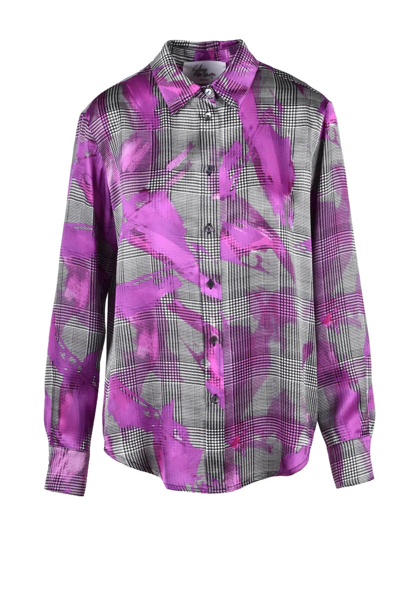 Silk Shirt with Plaid Pattern and Brushstroke Accents