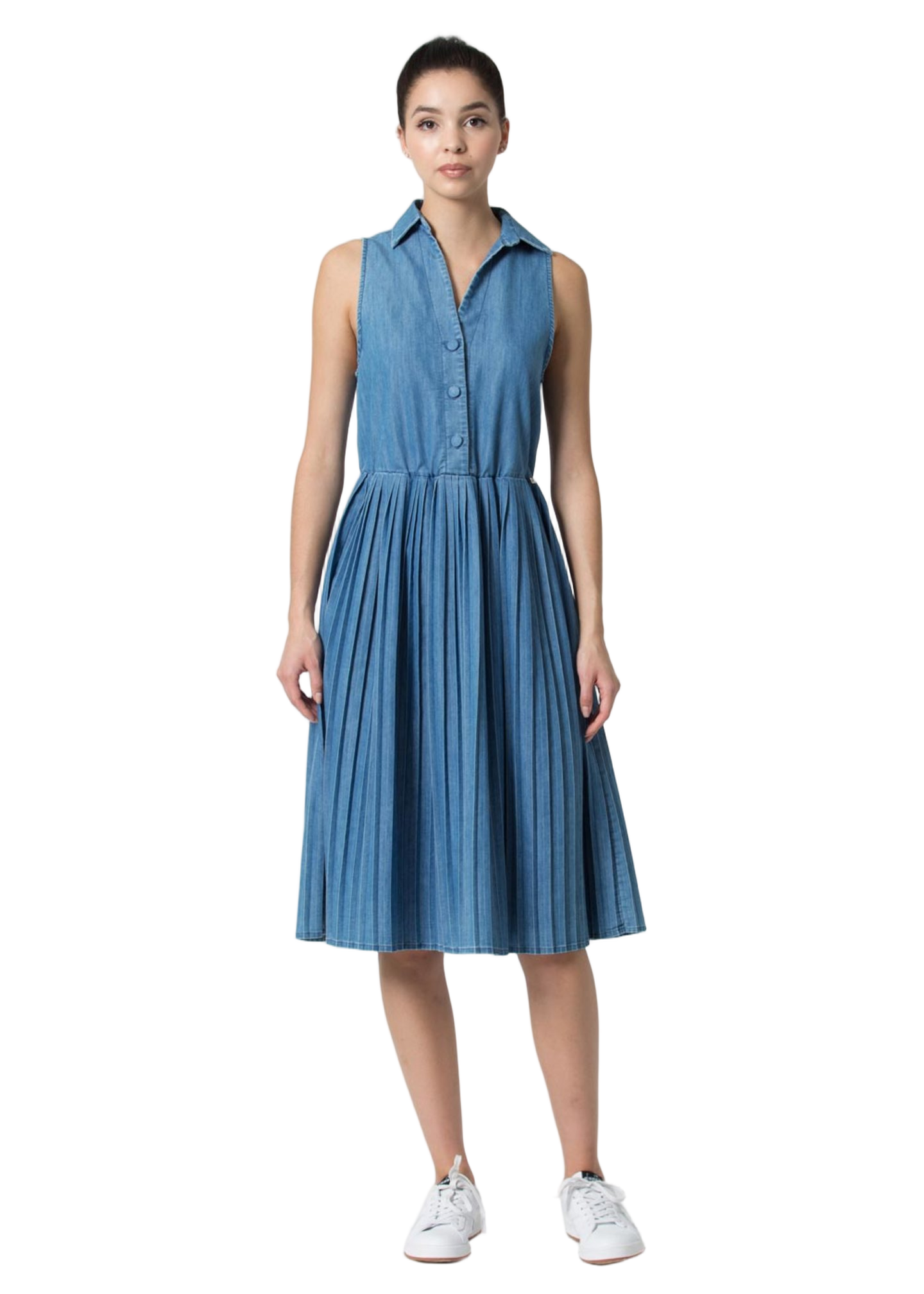 Blue Midi Dress with Pleated Skirt