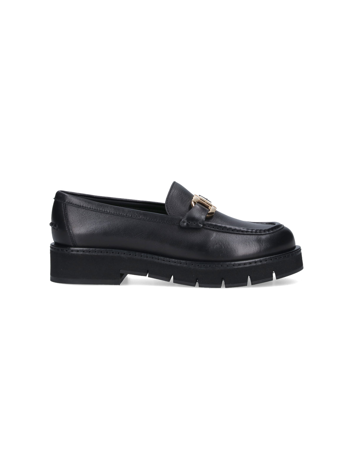 Black Leather Moccasins with Gold-tone Logo Buckle